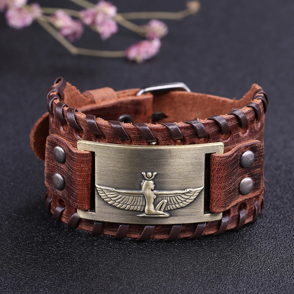 Dawapara Goddess Isis Leather Bracelet Egyptian Ancient Symbols Protection Amulet Punk Men Women Wristband Religious Gift