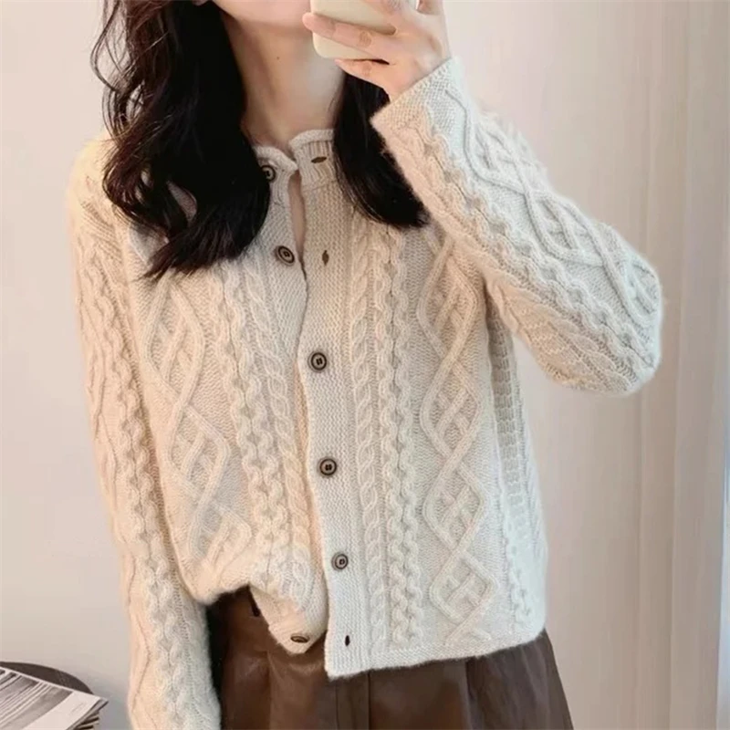 ATTYYWS Strickjacke aus 100 % reiner Wolle für Damen, 2025, neuer Herbst-Winter-Strickpullover mit Rundhalsausschnitt, lockeres Fried Dough Twists-Manteloberteil