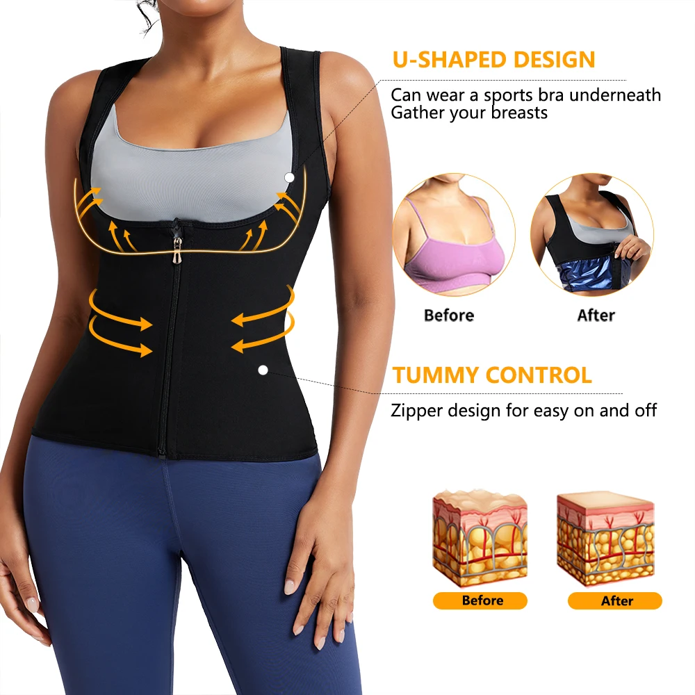 Women's Sleeveless Sauna Suit Zipper Waist Trainer Vest Sweat Tank Top Shaper Tummy Control for Weight Loss Ladies Gym Clothing