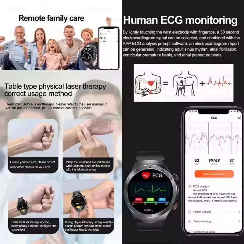 2025 для Huawei Laser Theraphy ЭКГ Мочевая кислота Липид Артериальное давление Температура тела Смарт-часы Мужчины Здоровье BT Вызов Смарт-часы