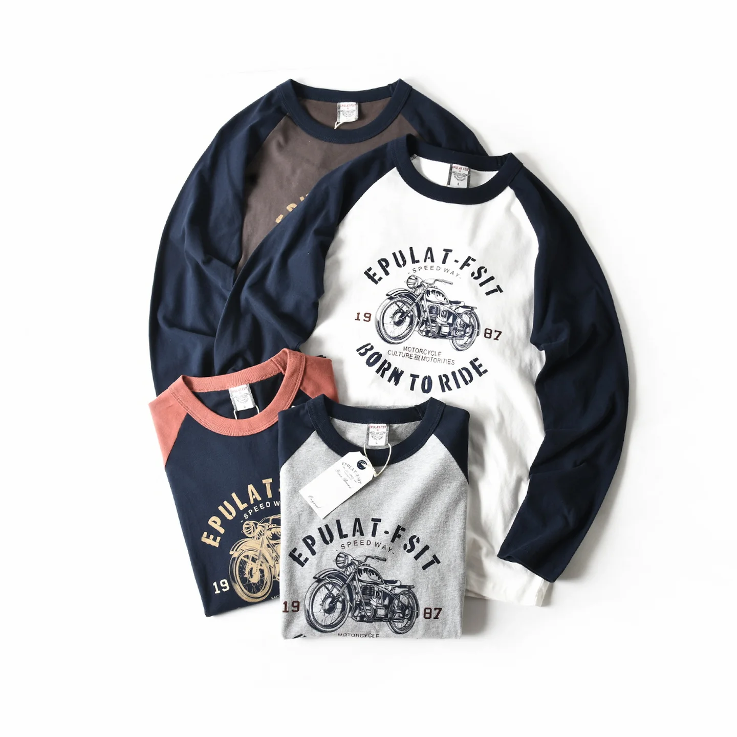 

100% cotton retro motorcycle printing contrasting rag-shoulder long-sleeved T-shirt for men's autumn round neck base top