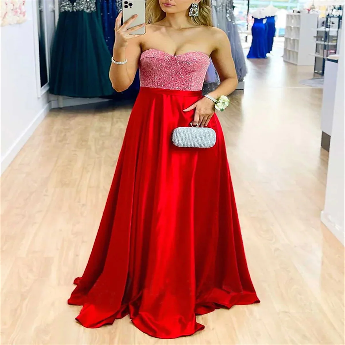 Women's Party Dress Satin Swing Formal Evening Maxi Modern Strapless Sleeveless Backless Split Regular Fit White Red 2023