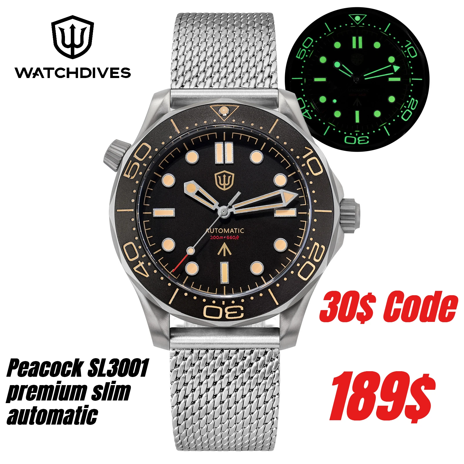 Watchdives WD007 V4 42mm Watch SL3001 Automatic Movement Titanium NTTD Wristwatch Domed Sapphire Crystal C3 Super Luminous Watch