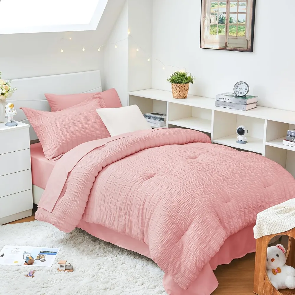 

HYMOKEGE Rose Pink Twin XL Comforter Set Seersucker 5 Pieces, All Season Luxury Bed in a Bag for Bedroom, Bedding Set with Comfo