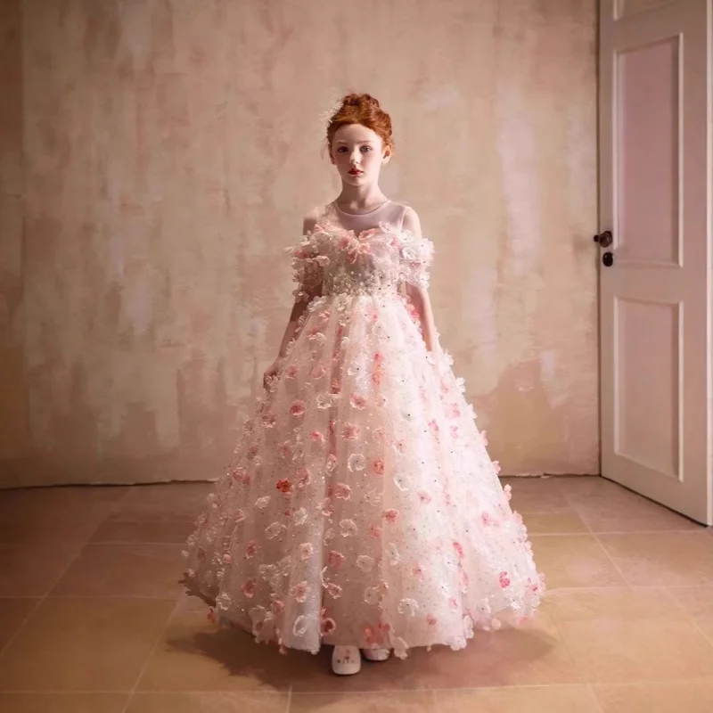 

Розовое светлое роскошное платье принцессы на день рождения для девочек, сценическое представление, пышное платье для маленького ведущего шоу, элитное ощущение