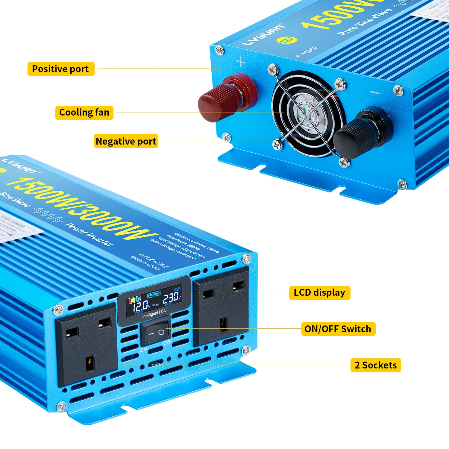 1500W 3000W Peak Pure Sine Wave Power Inverter Double UK Sockets 12V LCD Display Solar Converter With USB Port for PS4 Switch
