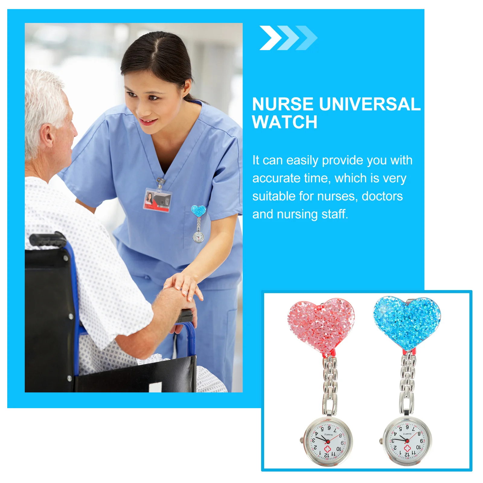 2Pcs Heart-Shaped Crystal Nurse Watch Exquisite Decorative Clip-on Timepiece for Medical Staff Gift Nurse Watch