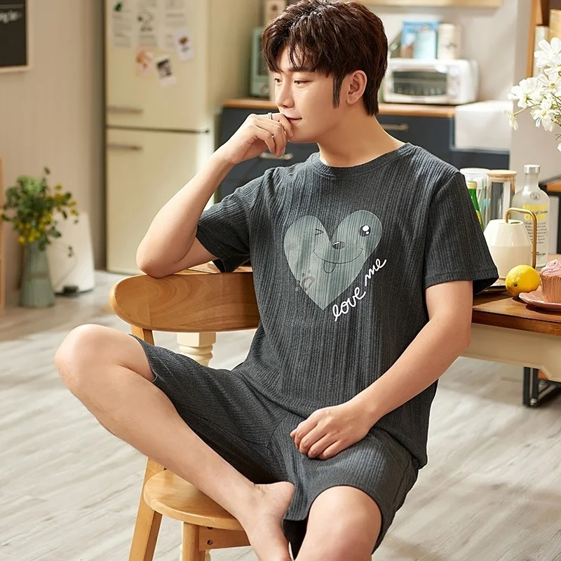 Pajamas Men\'s Summer Cotton Short Sleeve Shorts Casual Simple Loose Large  Round Neck Wear Home Suit