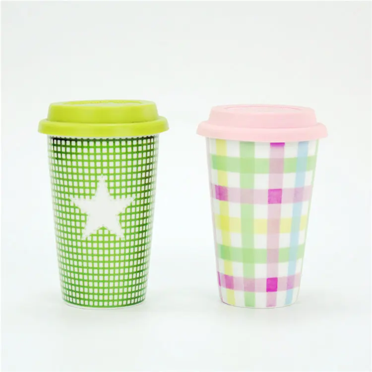 Colorful Handless Custom 300ml Ceramic Tumbler Travel Mug With Silicone Lid