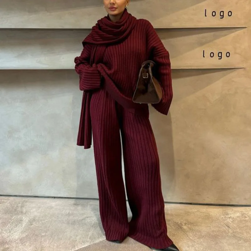 Fashion Burgundy Scarf Collar Sweater Pants Set Women Oversize Knit V-neck Pullover Wide Leg Trouser 2024 Autumn Knitwear Outfit