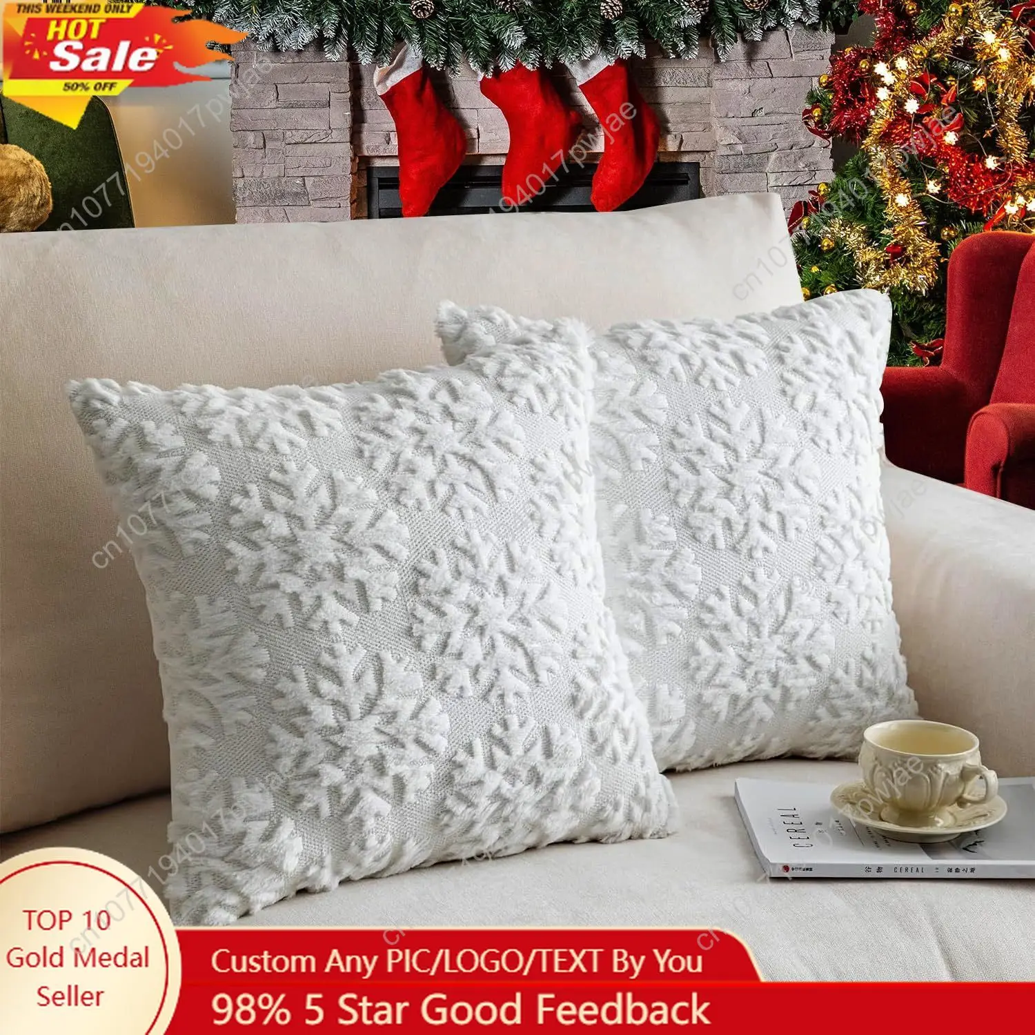

Christmas Pillow Covers 18'' x 18'' Set of 2, Soft Faux Rabbit Fur 3D Embroidery Snowflakes Throw Pillow Covers for Holiday Chri