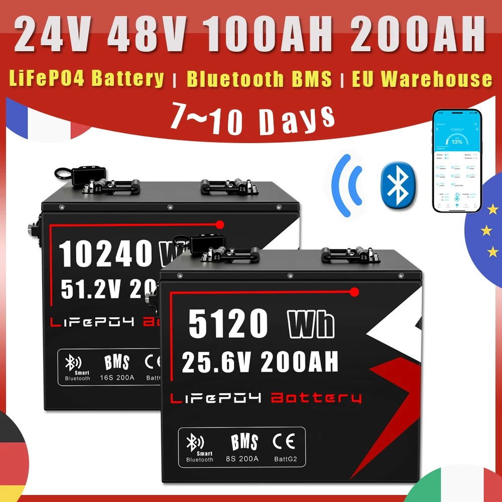 24V 48V 100AH 200AH LiFePO4-Batterie 6000 Deep-Cycle-Lithiumbatterie mit Bluetooth-BMS für Solarstromspeicher, Wechselrichter, Offroad, Off-Grid, Wohnmobil, Golfwagen