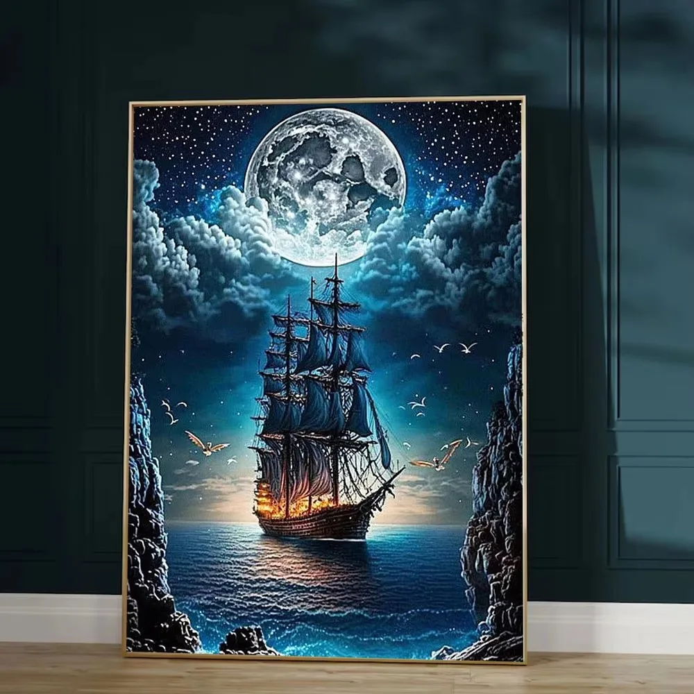 Adult Jigsaw Puzzle 1000 Pieces Puzzle Moon Night Old Sailing Ship Paper Puzzle Decorative Painting Exercise Brain Thinking