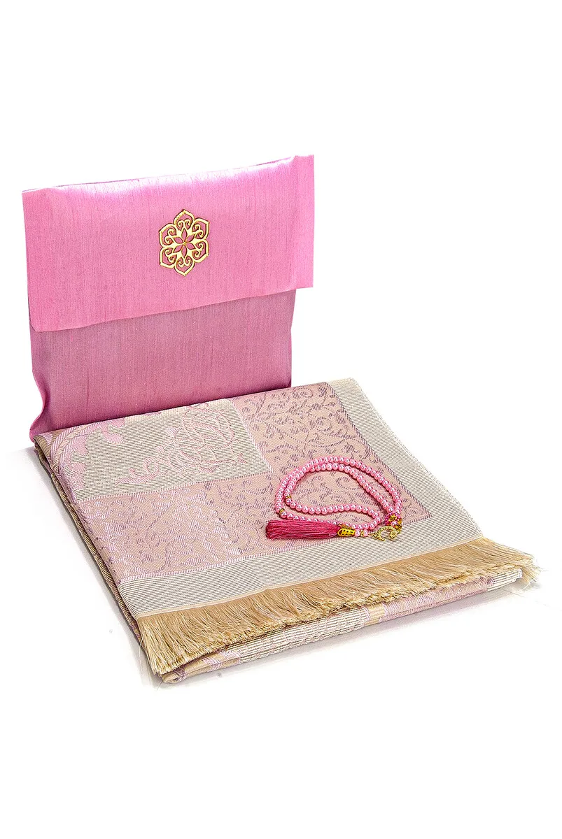 Pink Color Mawlid Gift with Slub Fabric Sachet, Prayer Rug, Rosary