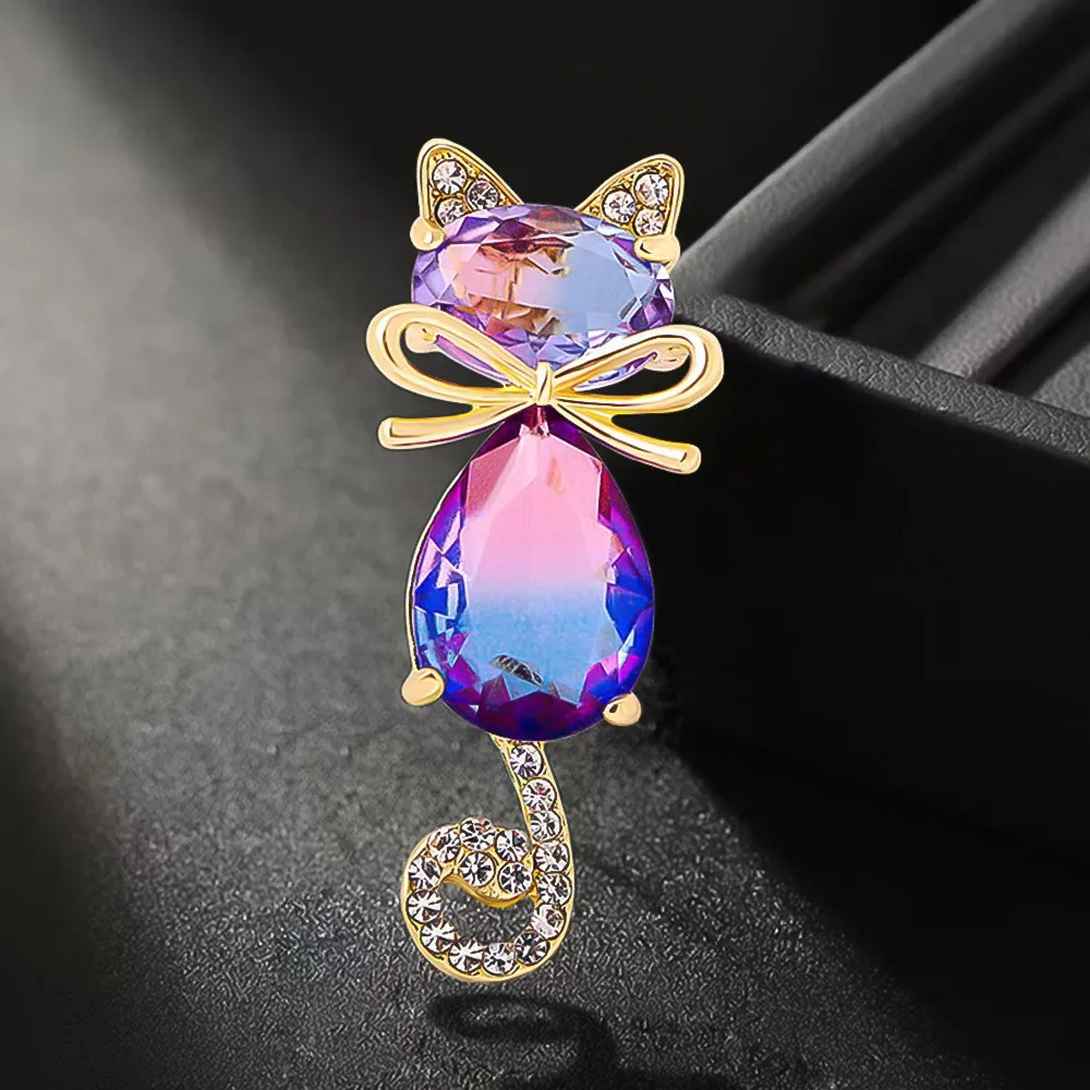 Exquisite Colorful Rhinestone BowknotCat Brooches For Women Cartoon Animal Pin Party Casual Clothing Accessories Jewelry Gift