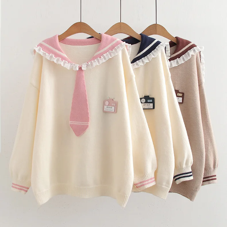 

High Quality Women Sailor Navy Neck Sweaters Women Niche Autumn Winter Loose Cute Age Reducing Sweet Knitted Sweater Top