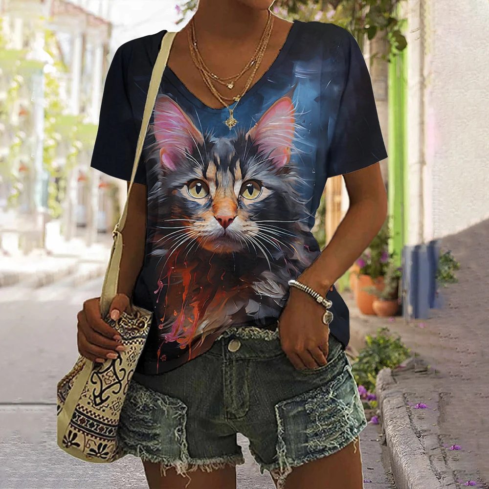 Summer Loose V-Neck T Shirts Clothing Women Oversized Short Sleeves T-Shirt Everyday Outdoor Clothing Woman Animals Print Tops