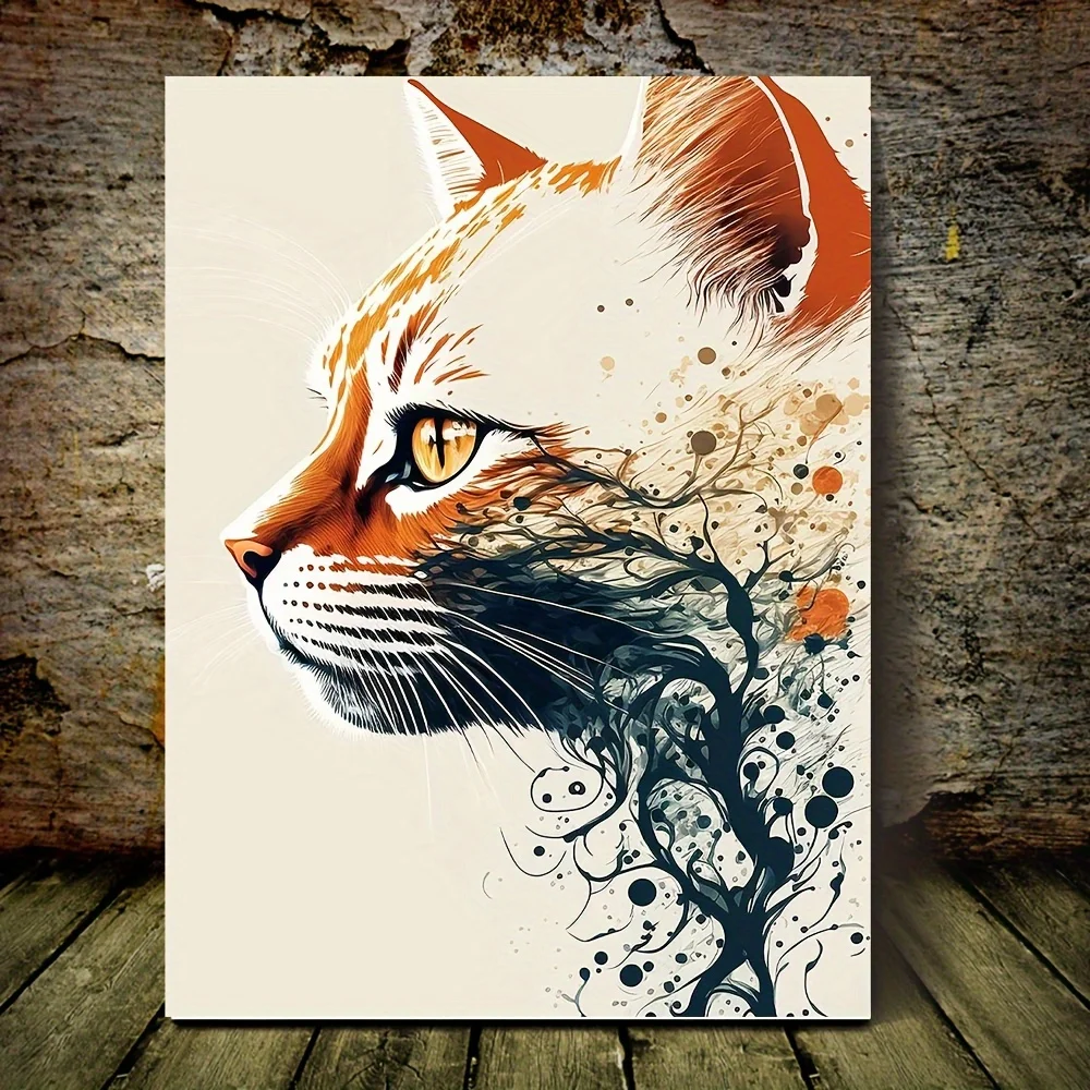 Arte de pared en lienzo enmarcado, arte popular escandinavo, estampado de gato con gato blanco y naranja vibrante, salpicaduras de tinta negra y detalles verde azulado, 1 ud.