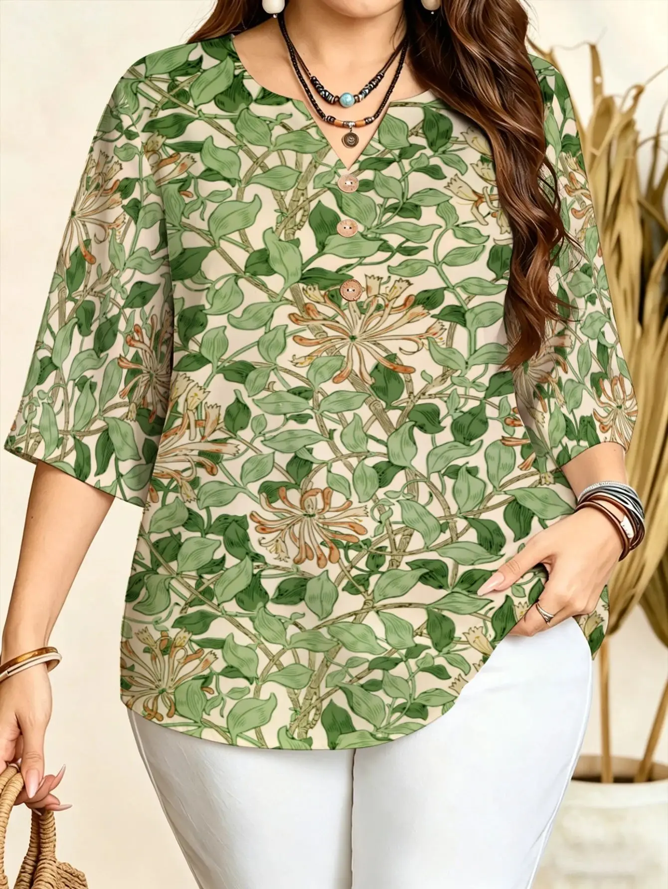 Mosaic Grid Oil Painting Watercolor Floral Vintage Leaf Radiant Flower Blue Porcelain Print Notch V Neck 3/4 Sleeve Loose Shirts