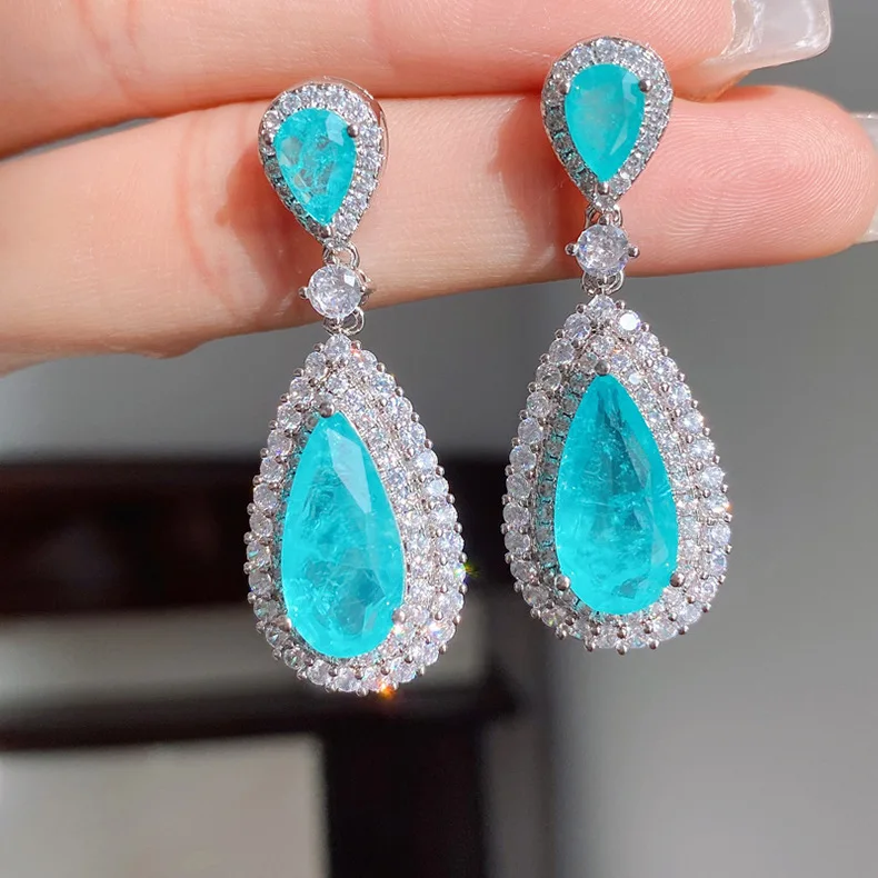 

8*16MM Water Drop Paraiba Tourmaline Emerald Lab Diamond Ruby Drop Earrings Vintage Wedding Gemstone Jewelry Women Gift