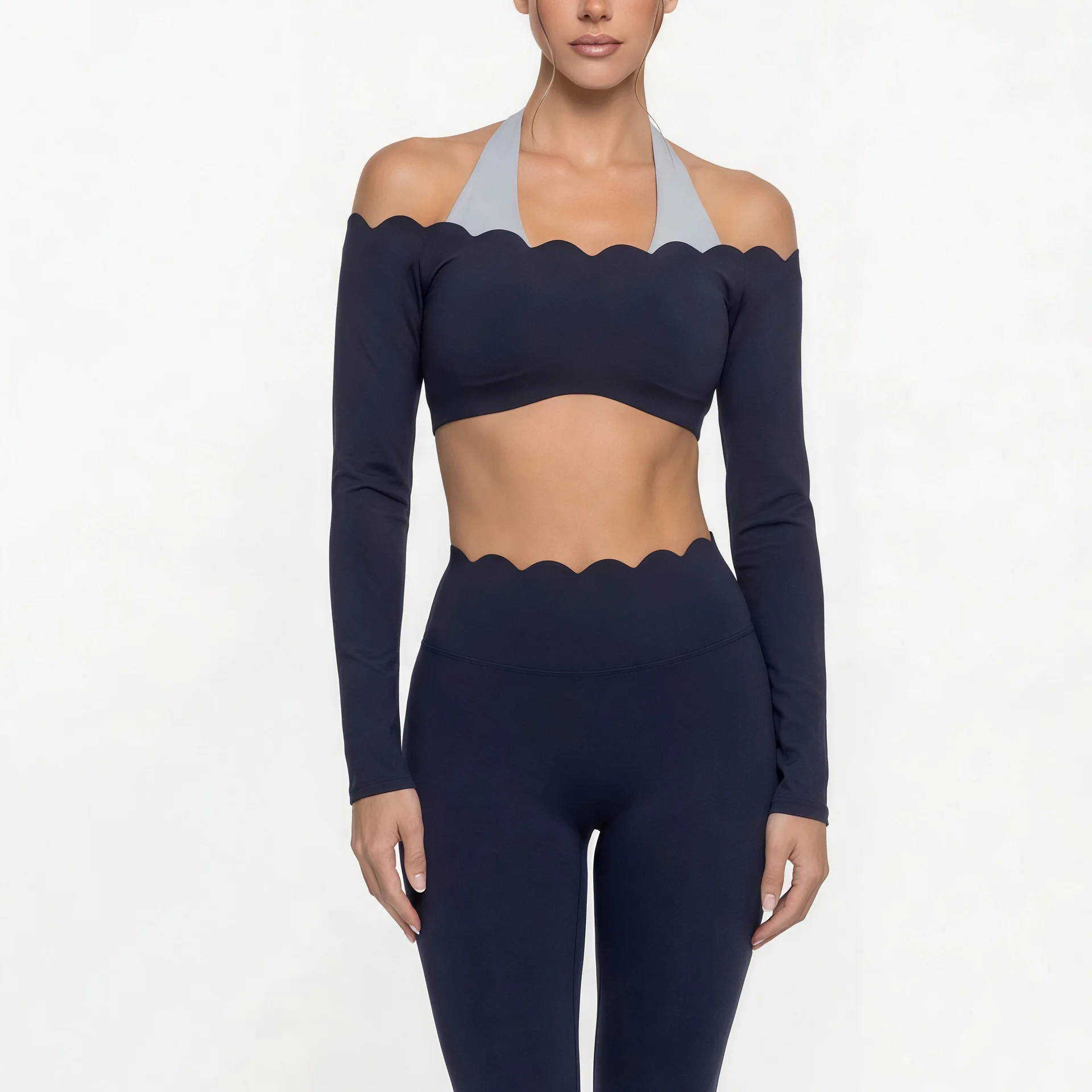 

New Women's Fake Two-Piece Sports Long Sleeve Halter Neck Pilates Yoga Shirt Slim Fit Fitness Sports Top Leggings Workout Tights