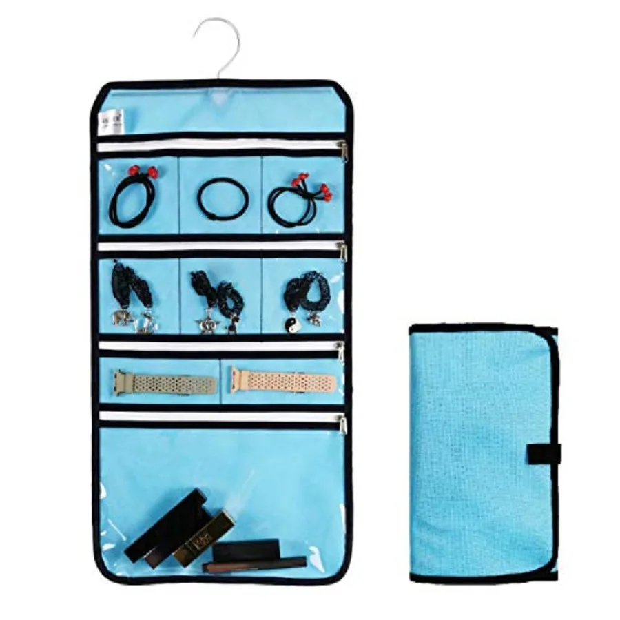 

Travel Foldable Jewelry Rolls Bag Hanging Jewelry Org with 9 Zippered Clear Pockets Storage Pouch with Rotatable Hanger