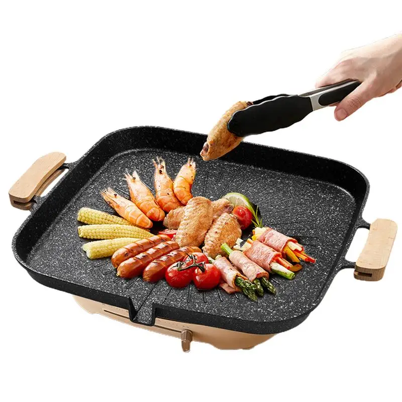 Grill Pan Grill Pan For Cooking Nonstick Flat-bottomed Design Pan Square Portable Built-in Grease Drain Pan For Camping Field