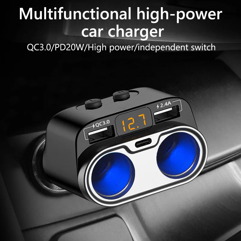 Car Charger Cigarette Lighter Socket Splitter QC3.0 Dual USB Fast Charge Type C PD20W Charger Independent Switch Power Adapter