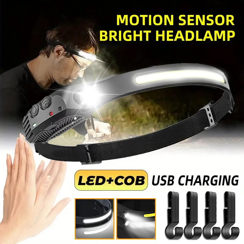 COB LED Headlamp Induction Head Lamp Built-in Battery USB Rechargeable Head Flashlight Outdoor Camping Fishing Sensor Headlight