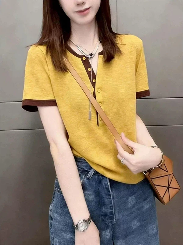 

Korean Design Sensation Color Block Short Sleeve T-Shirt Fashionable Summer Trendy Top Versatile Commute Casual round Neck