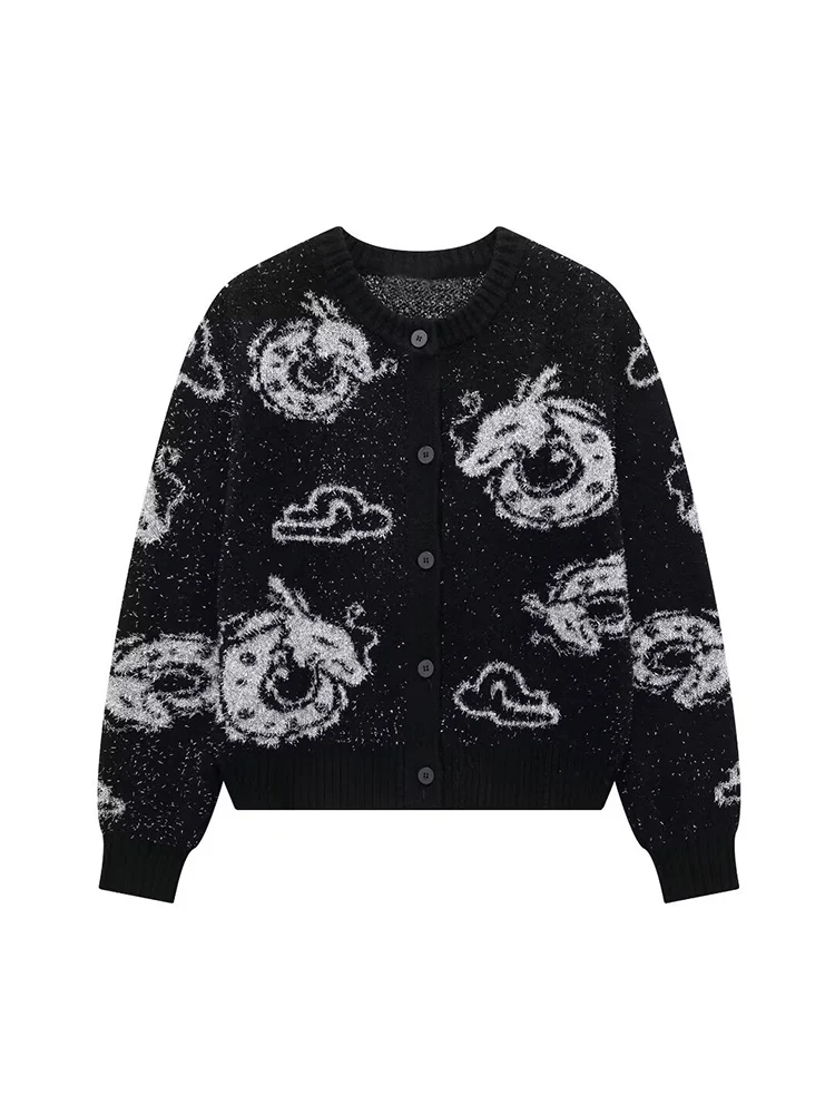 

Европейский и американский стиль, осенне-зимний новый черный блестящий шелковый топ, свободный вязаный кардиган с круглым вырезом, женская куртка-свитер