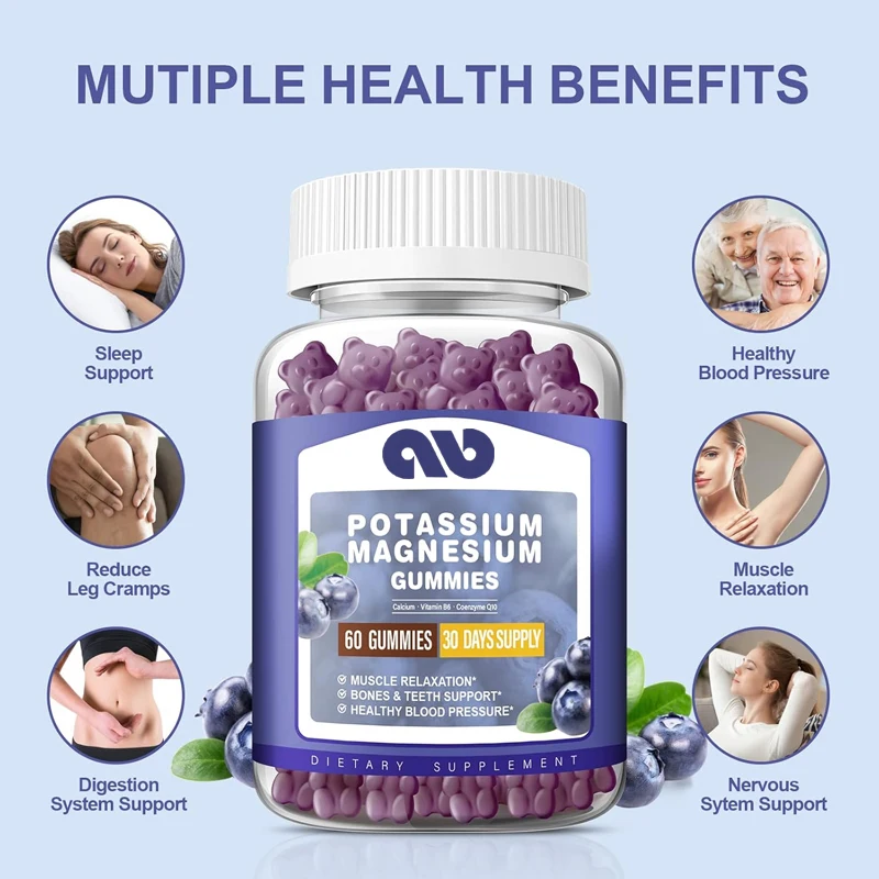 

Adult and children's potassium magnesium gummies, suitable for leg and muscle health, blueberries, 60 capsules