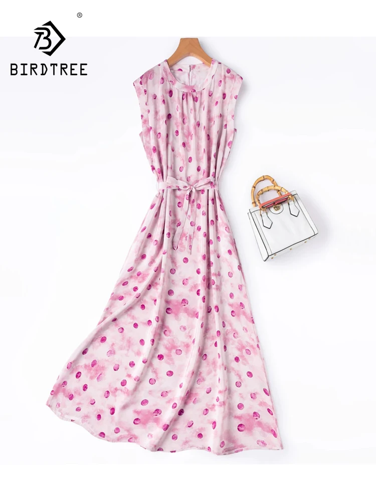 BirdTree-100%Real Silk Double Crepe Elegant Vest Dress, O Neck Dot Print, Women Age Reduction Dresses, 2026 Summer New D66994CC