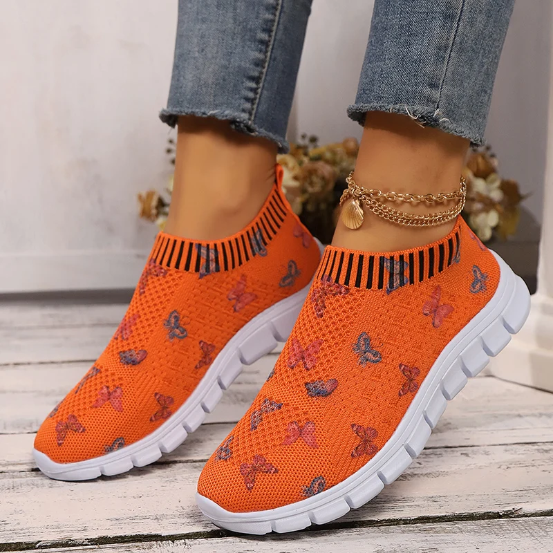 Sneakers Casual lavorate a maglia da donna moda farfalla stampa suola morbida scarpe da corsa donna scarpe da ginnastica piatte traspiranti leggere