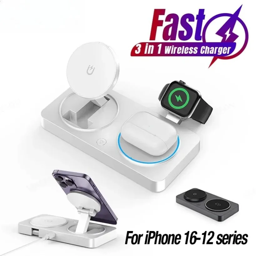 3 in 1 Magnetic Wireless Charger Stand Foldable Fast Charging Pad For iPhone 16-12 Pro Max Apple Watch 10/9/8/7/6 Airpods Pro2