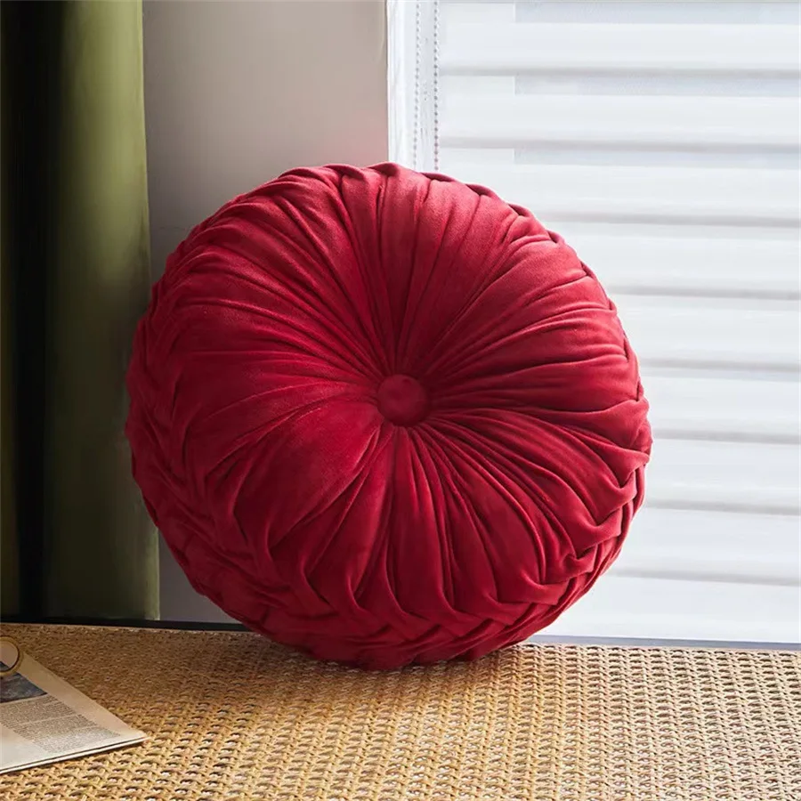 Luxury Velvet Pumpkin Throw Pillow, Hand-Sewn Wheel-Shaped Lumbar Support Cushion, Solid Color Sofa Chair Back Pillow for Home
