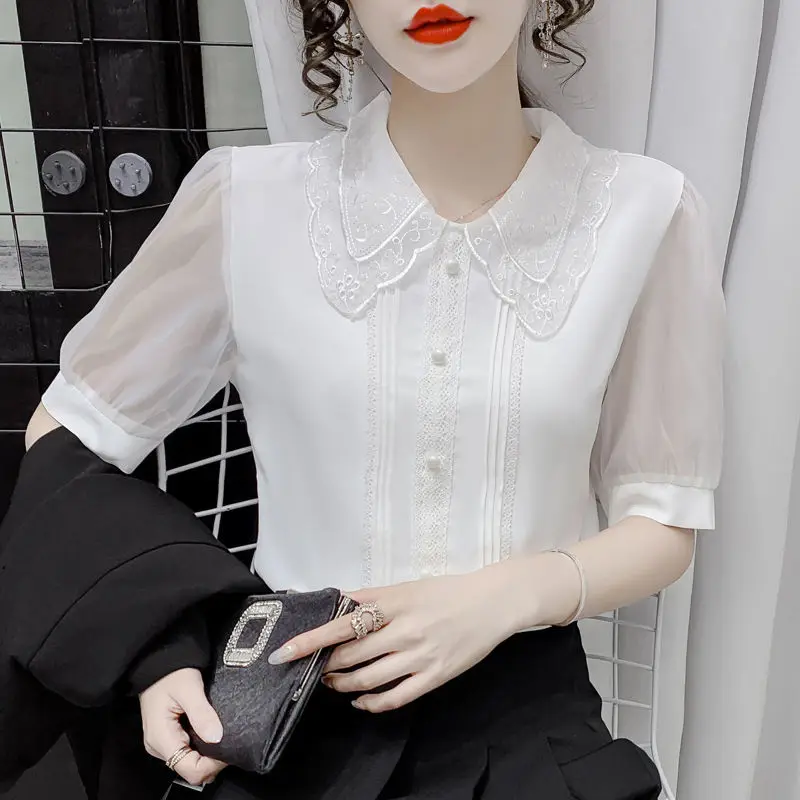 Chiffon Blouse New Doll Collar White Shirt Summer Short Sleeve Lace Cute Bottoming Shirt