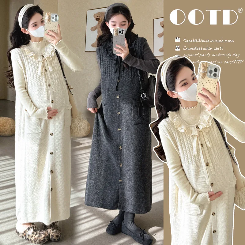 Maternità di fascia alta moda 2025 Autunno stile coreano cravatta in pizzo con bottoni maglione gilet abito e top base a maniche lunghe