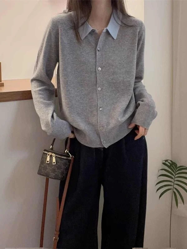 

Fashionable Pure Color Knitted Neck Sweater Women's Autumn Winter New Style Lightweight Luxury Fake Two-Piece Top Coat