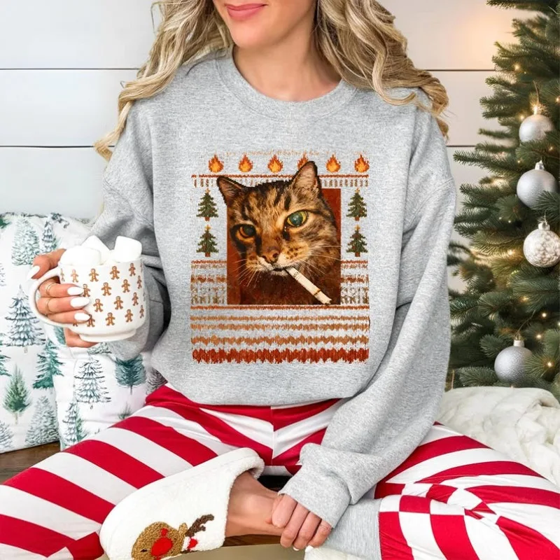 เสื้อสเวตเชิ้ตลายแมวสูบบุหรี่ตลกๆ สำหรับคริสต์มาส, เสื้อสเวตเตอร์ลายตลก, ของขวัญคริสต์มาสสำหรับคนรักแมว ใส่กันหนาวในฤดูหนาว แฟชั่นสตรีทแวร์ เสื้อฮู้ดดี้
