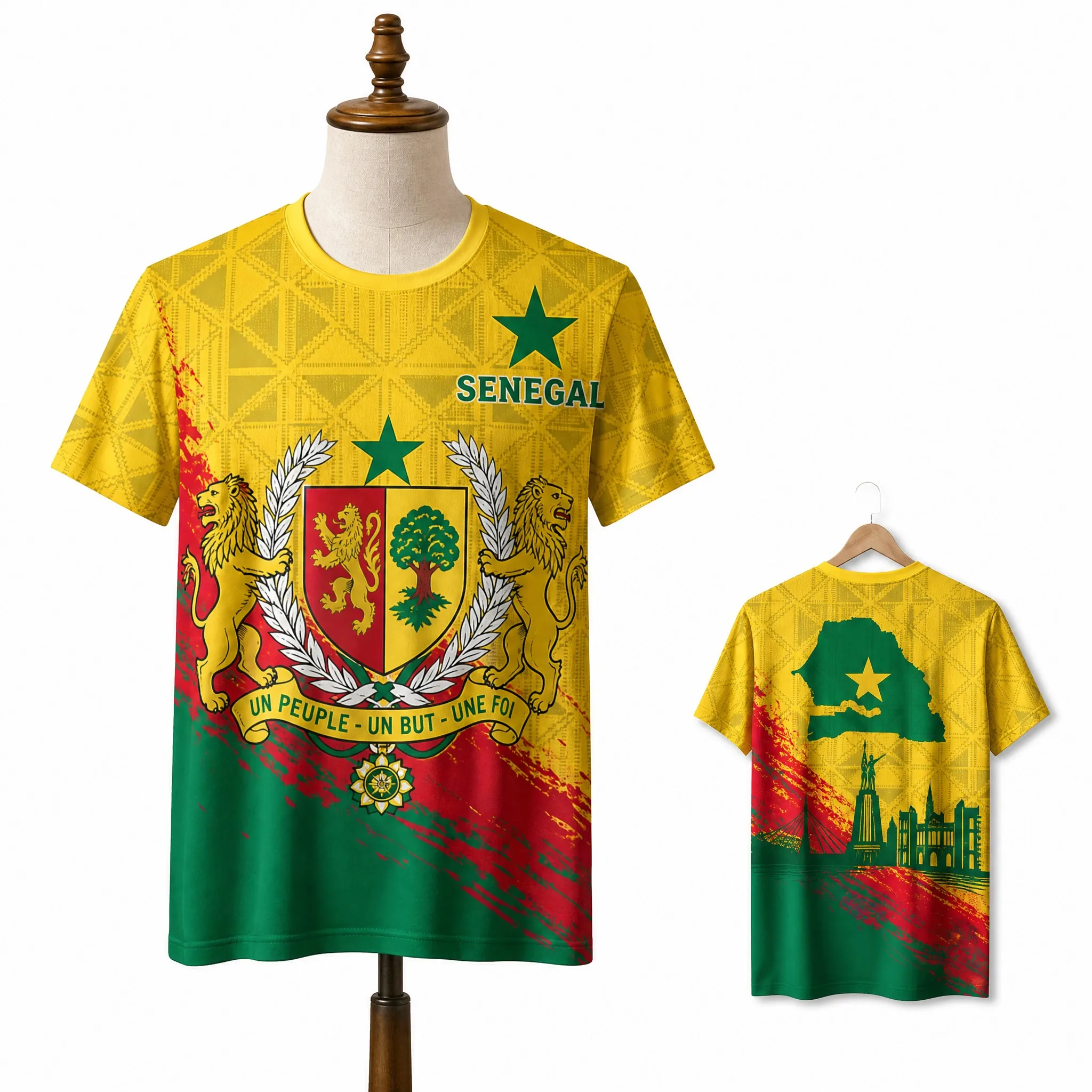Senegal Mens Crest Map Skyline Graphic Tee Yellow Short Sleeve Fan Shirt Street Stadium Casual Heritage Pride Top Casual Daywear