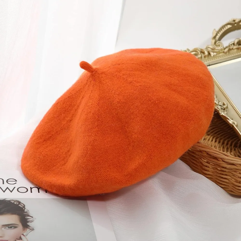

Французские шерстяные береты — однотонная классическая зимняя шапка-бини, оранжевая