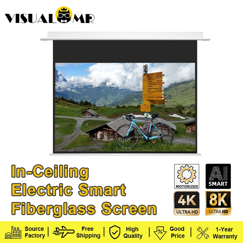 2025 Newly Upgraded In-Ceiling Electric Matt White Projector Screen Fiberglass AI Smart Motorized Ceiling Recessed Projection 4K