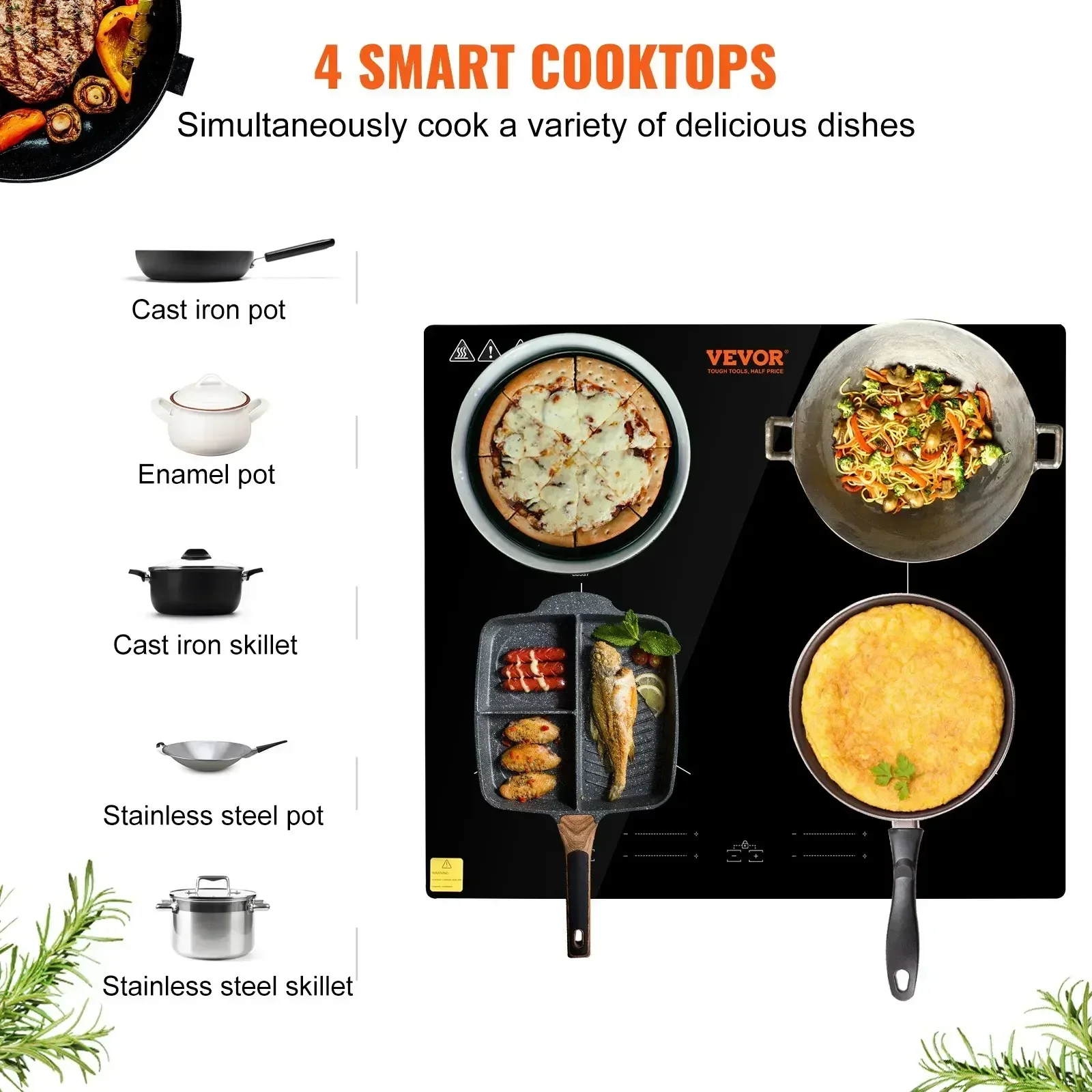 VEVOR Embedded Induction Cooktop 4 Burner 24 Inch Electric Built-in Induction Cooker with Touch Control 220-240V No Plug