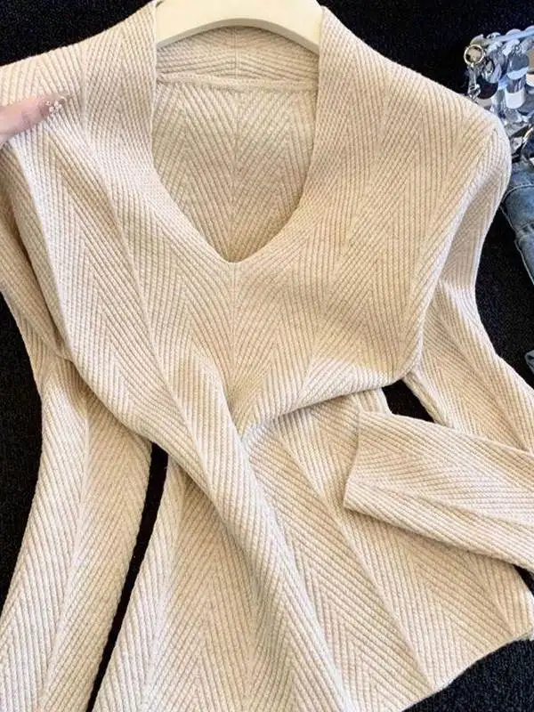 Soft V-Neck Long Sleeve  Color Knitted Sweater Women's Base Layer Autumn Winter New Style Small Size French Style Slim Fit