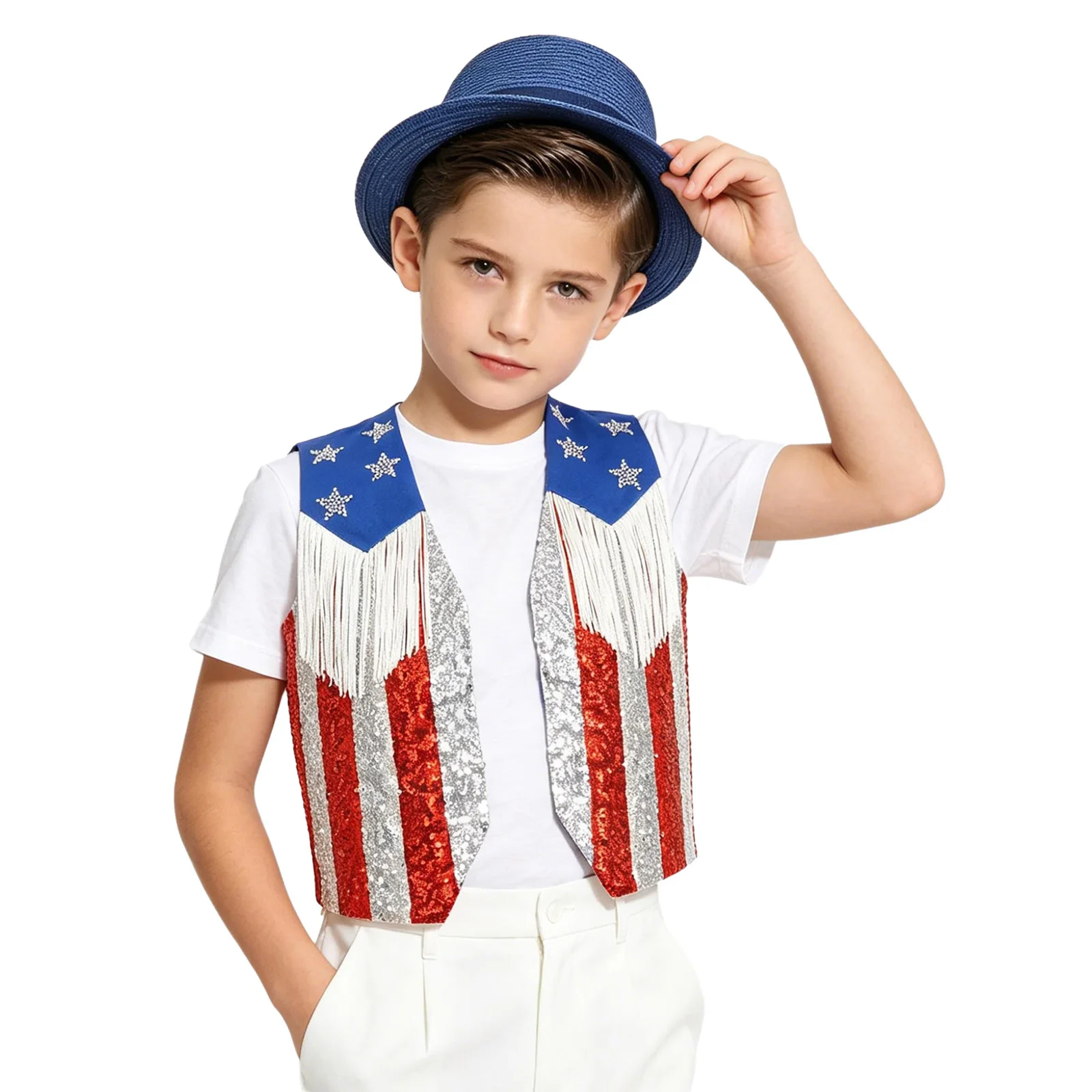 Kids July 4th Independence Day Vest Rhinestone Stars Sequined Stripes Tassel Waistcoat Open Front Tank Top for Themed Party