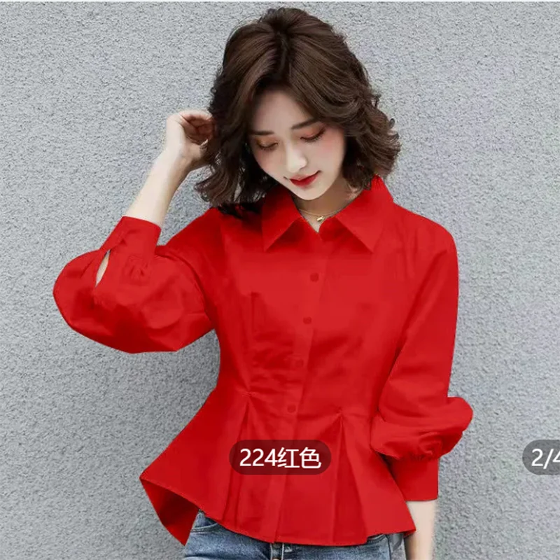 Spring/Summer New Fashionable Red Slim Fit Top Waist-Cinching Shirt Design Sensation Blouse for Slimming Effect And Enhanced Whi