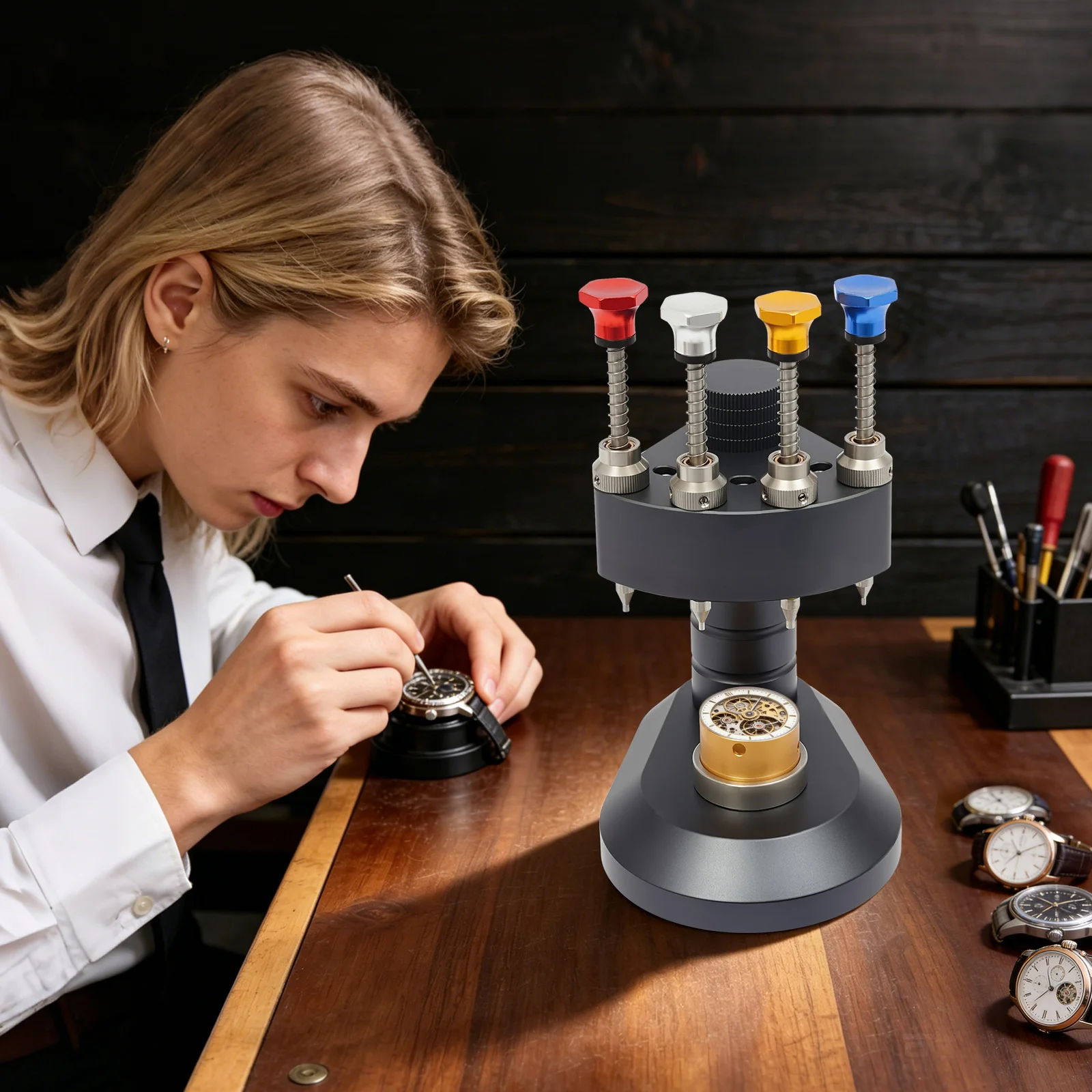 4-Pin Automatic Watch Hands Presser Tool, Watchmaker Hands Setting Fitting Kit with 2 Movement Bases, Adjustable Pressing Force & 12 Needles for ETA/Seiko/Miyota Watch Repair