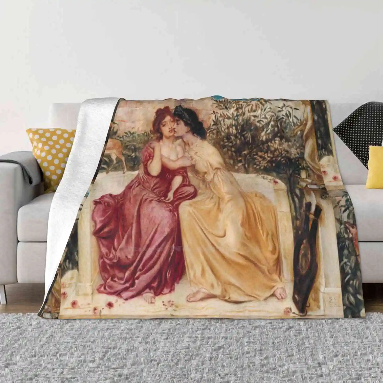 Sappho And Erinna In A Garden At Mytilene | Lesbian Art Fashion Soft Warm Flannel Blanket Vintage Lesbian Art Sappho Painting