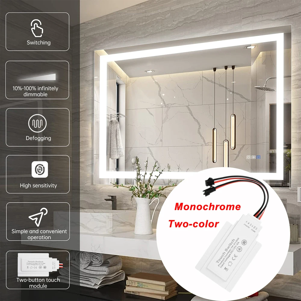 

Сенсорный переключатель с двойной клавишей, 12 В, 5 А, 60 Вт, монохромный, двухцветный светодиодный драйвер, бесступенчатое затемнение, регулировка цвета, умный переключатель с защитой от запотевания